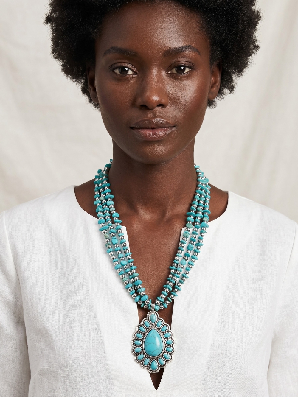 Turquoise Multi-Strand Beaded Necklace with Teardrop Pendant